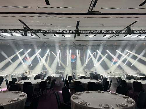 Moving-head intelligent stage lighting fixtures at a live event in Northern Virginia