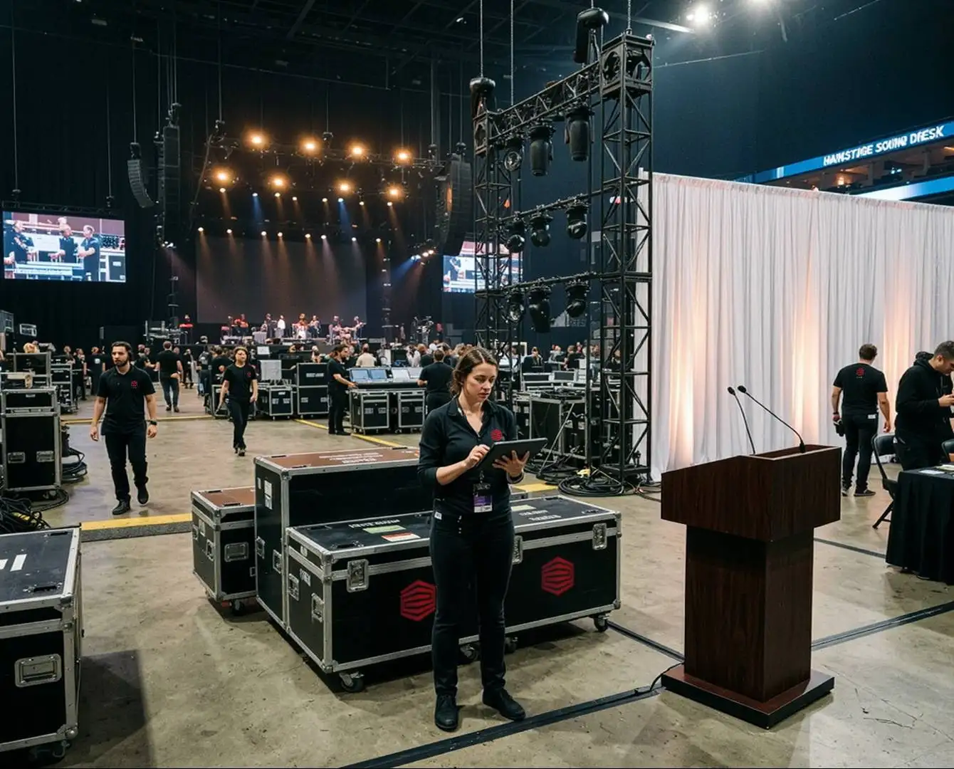Prime AV production manager coordinating crew and AV equipment at a live event