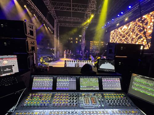 Front-of-house audio engineer mixing live sound on a professional console by Prime AV