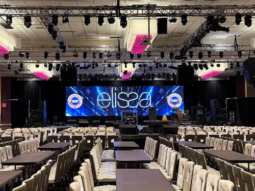 Line-array and point-source sound system scaled to fill a large room and crowd by Prime AV