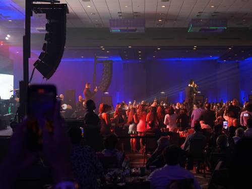 Line-array concert sound system flown for a festival by Prime AV